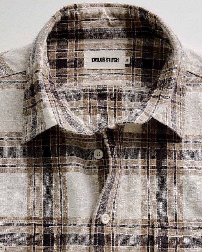 material shot of the collar on The Craftsman Shirt in Bark Plaid Linen