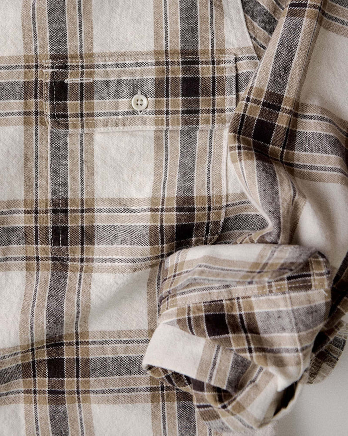 material shot of the cuff on The Craftsman Shirt in Bark Plaid Linen