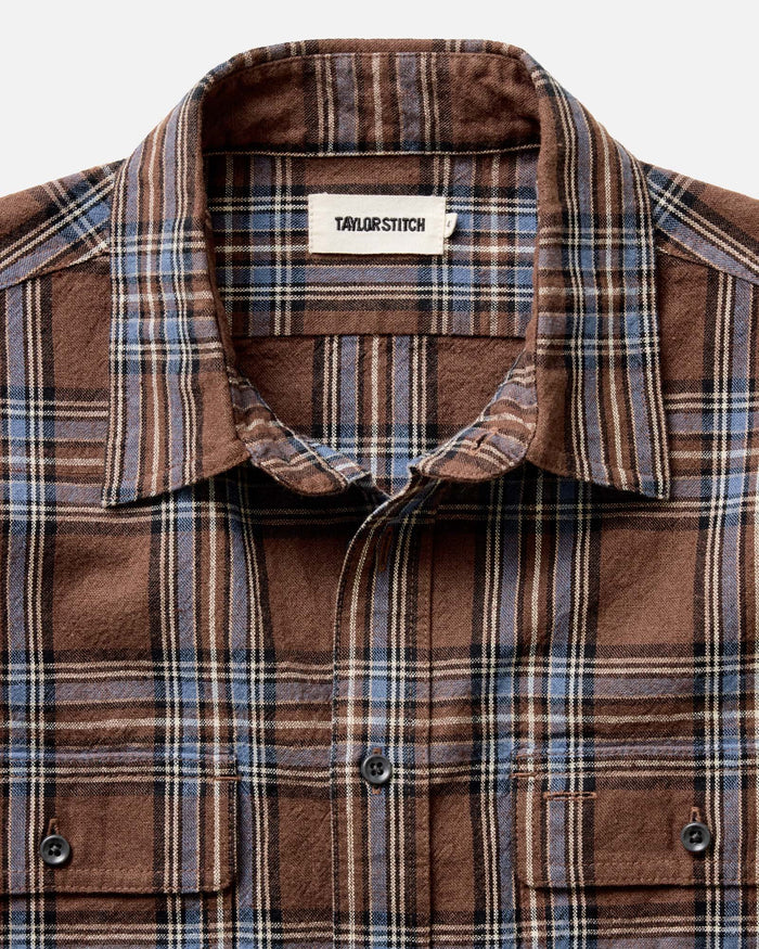 material shot of the collar on The Craftsman Shirt in Brick Plaid