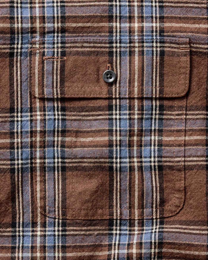 material shot of the pocket of The Craftsman Shirt in Brick Plaid