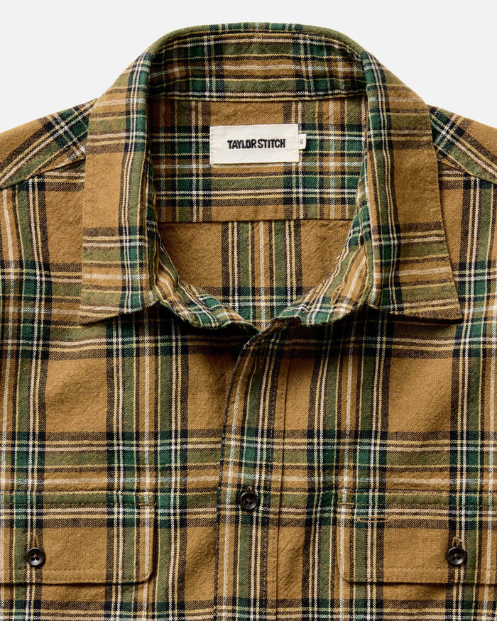 material shot of the collar on The Craftsman Shirt in Fern Plaid
