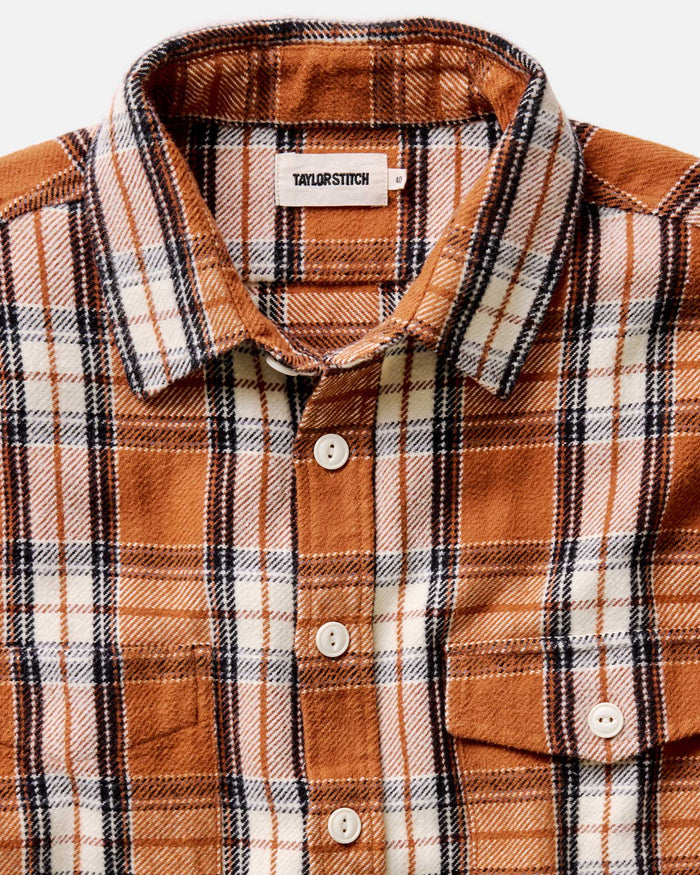 material shot of the collar on The Crater Shirt in Brick Plaid
