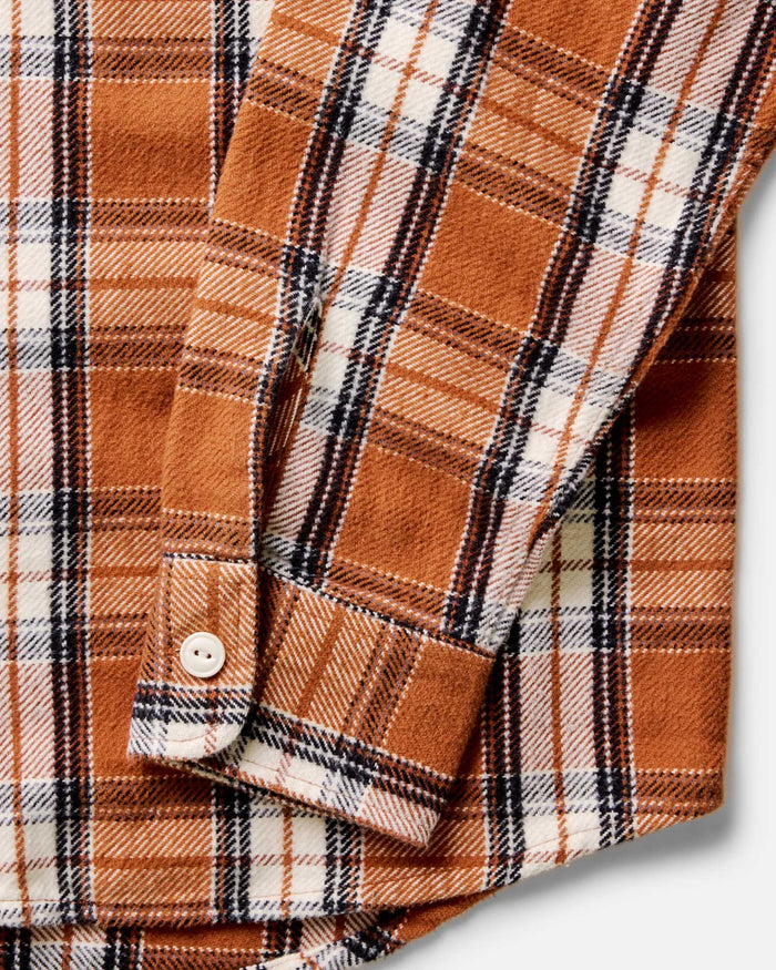 material shot of the sleeves on The Crater Shirt in Brick Plaid