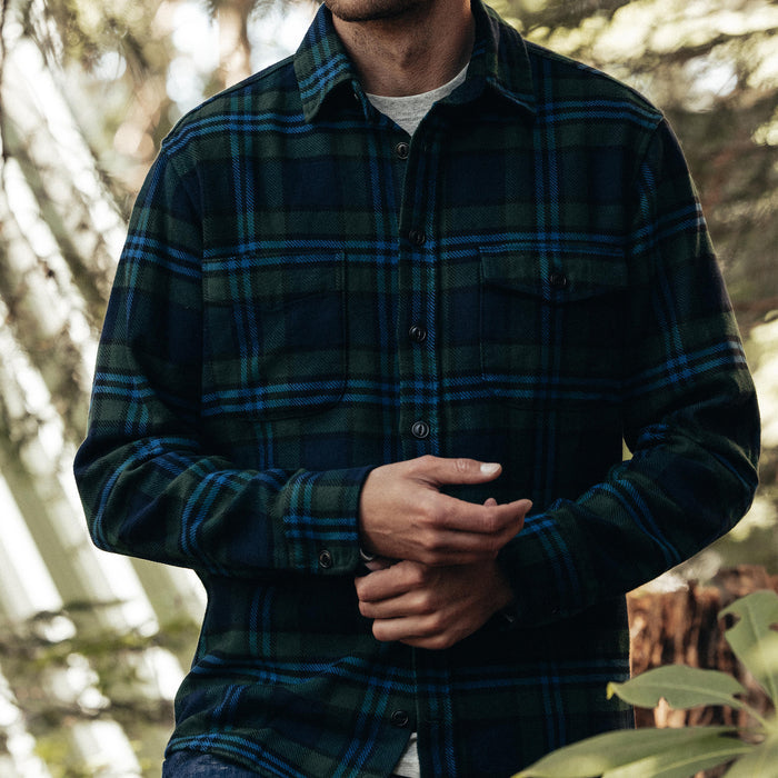 fit model wearing The Crater Shirt in Evergreen Check