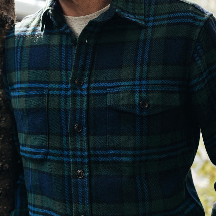 fit model showing the front of The Crater Shirt in Evergreen Check