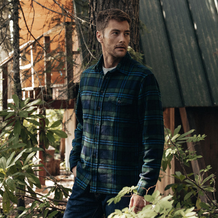 fit model standing in The Crater Shirt in Evergreen Check