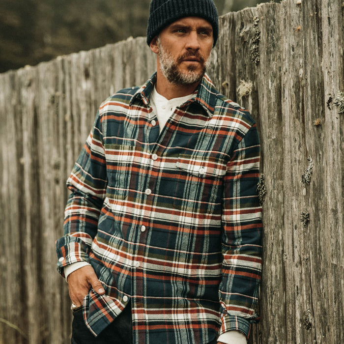 Our fit model wearing The Crater Shirt in Navy Plaid