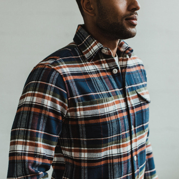 Our fit model wearing The Crater Shirt in Navy Plaid