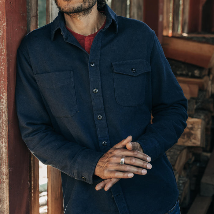 fit model showing the front of The Crater Shirt in Navy Twill