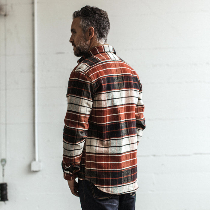 Our fit model wearing The Crater Shirt in Rust Plaid