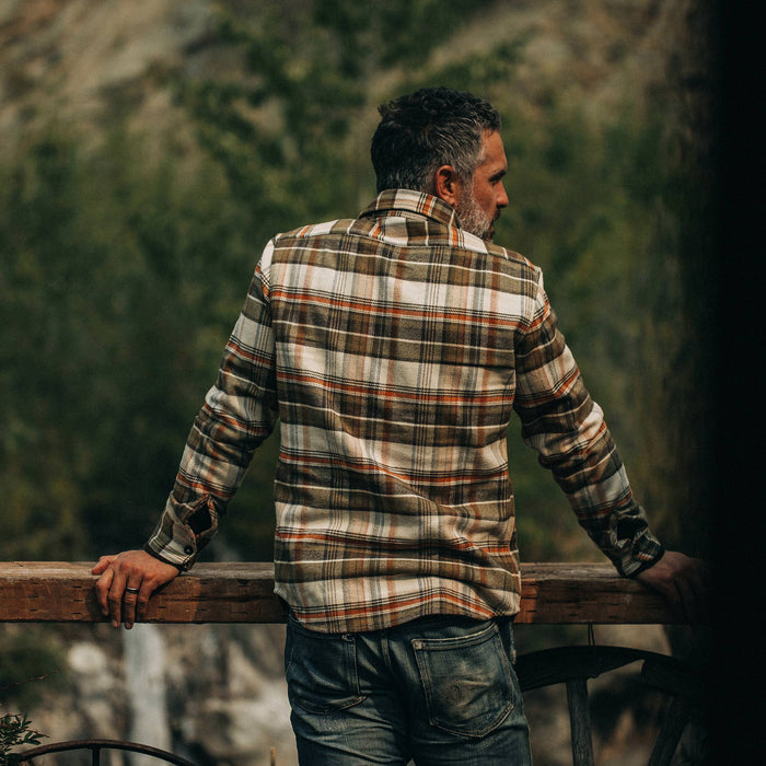 our fit model wearing The Crater Shirt in Tan Plaid—back shot