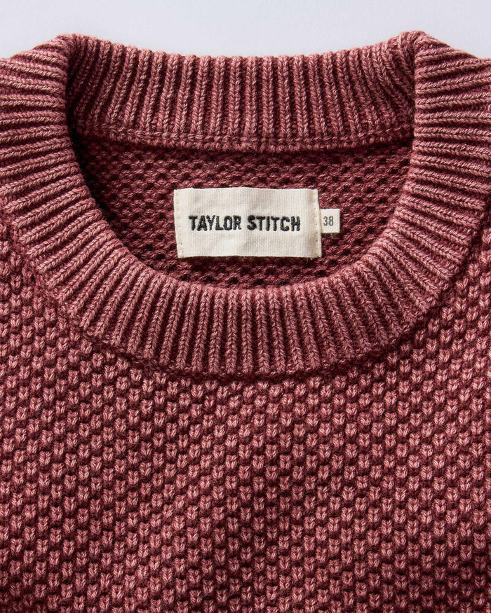 material shot of the collar on The Crawford Crew Sweater in Dried Cherry