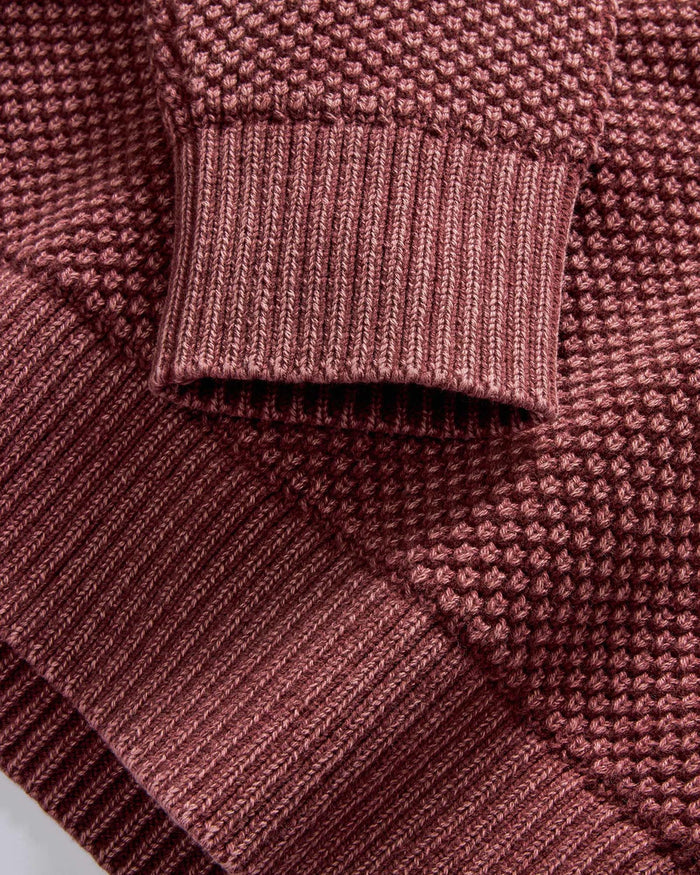 material shot of the sleeve on The Crawford Crew Sweater in Dried Cherry