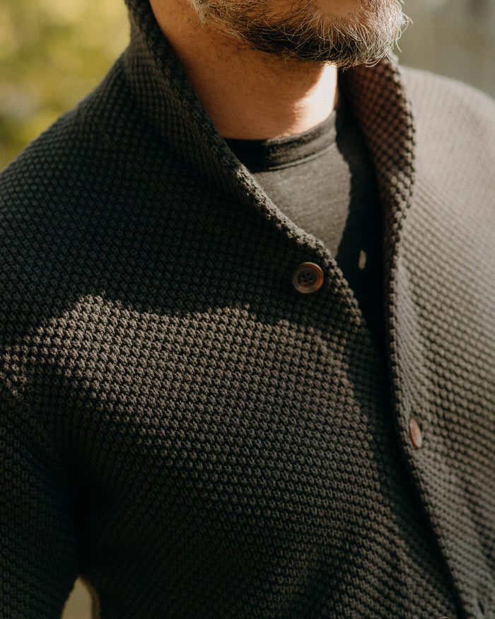 fit model wearing The Crawford Sweater in Charcoal