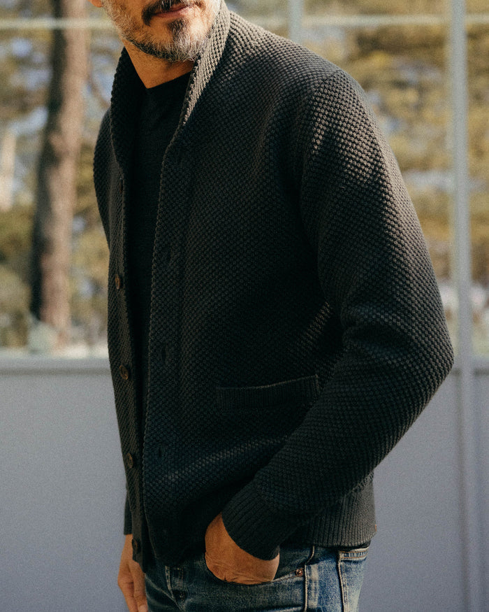 material shot of the shawl collar on The Crawford Sweater in Charcoal