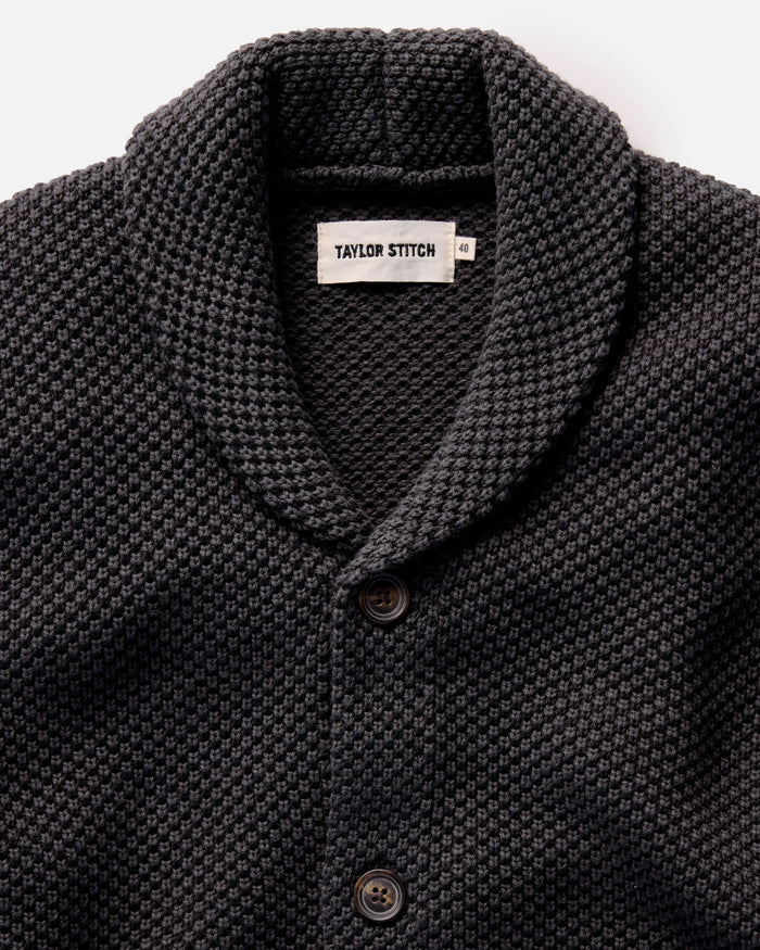 material shot of the collar on The Crawford Sweater in Charcoal