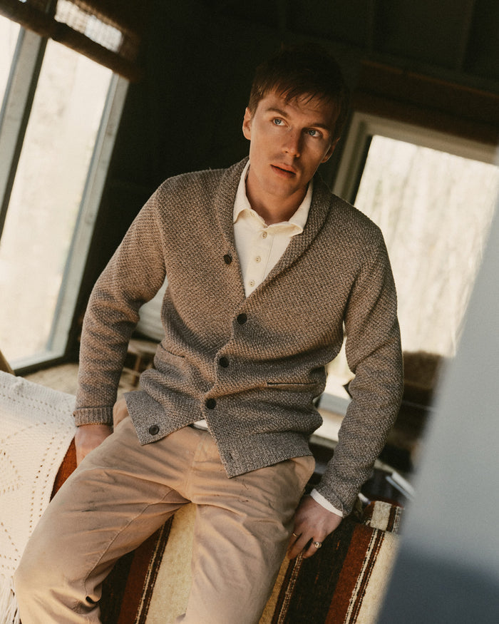 fit model posing in The Crawford Sweater in Coffee Twist