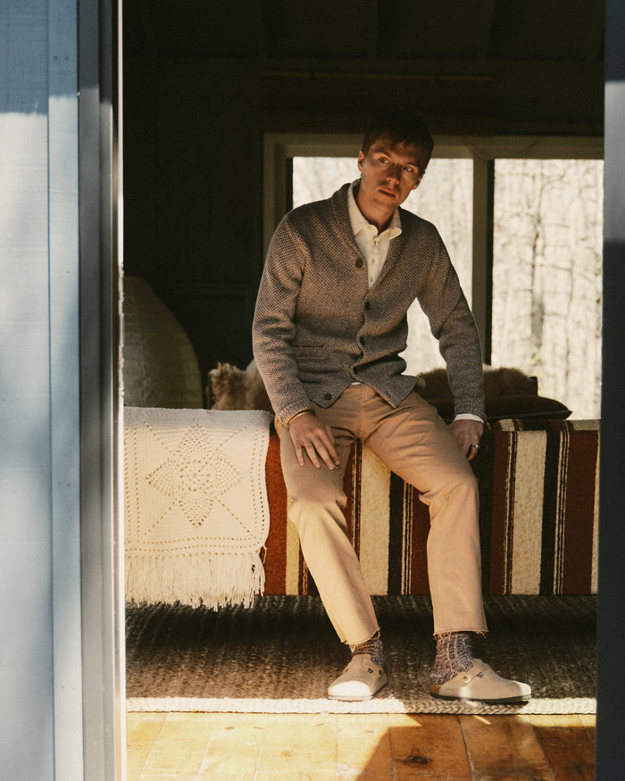 material shot of the back collar on The Crawford Sweater in Coffee Twist