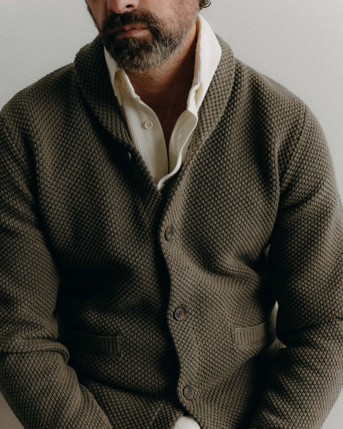 fit model showing off details on The Crawford Sweater in Fatigue Olive