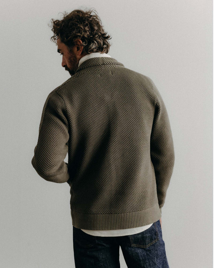 material shot of the collar on The Crawford Sweater in Fatigue Olive