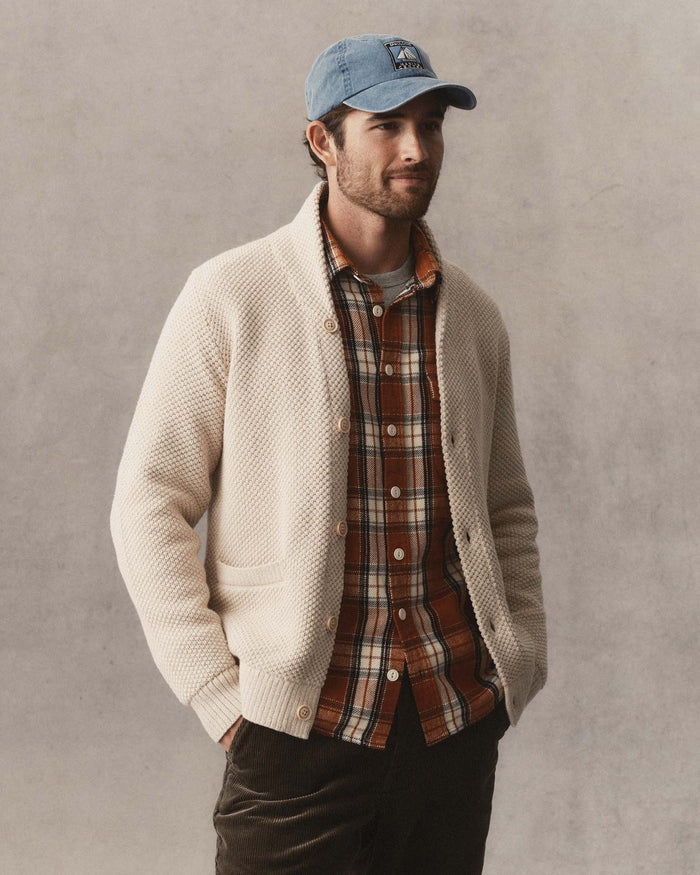 fit model wearing The Crawford Cardigan Sweater in Marled Natural