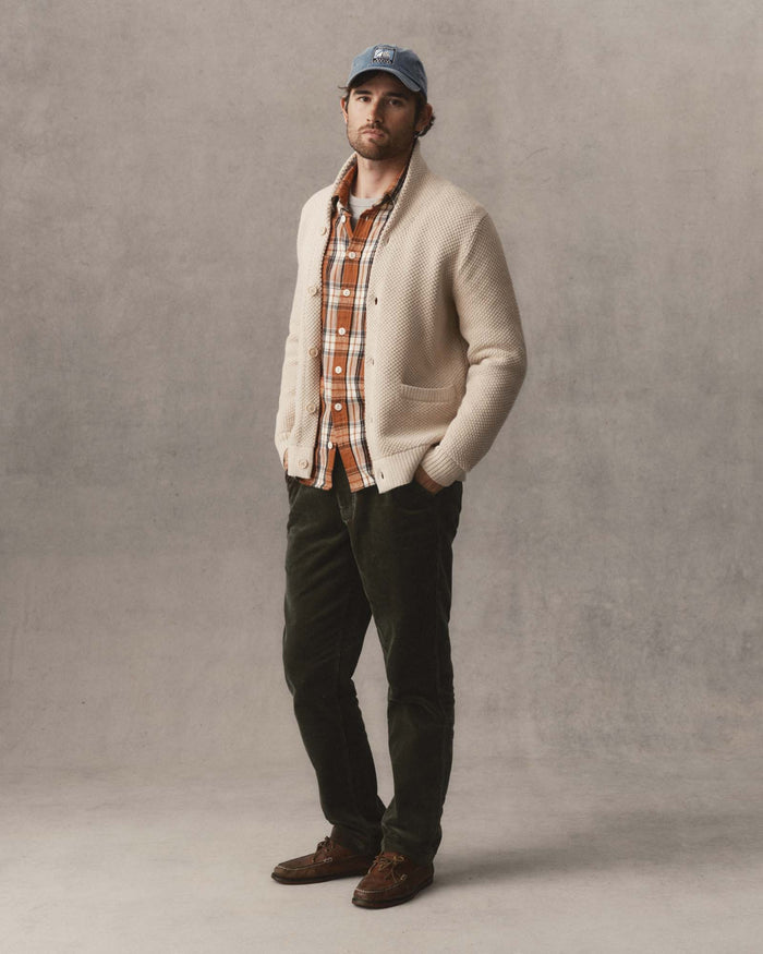 fit model showing the seed stitch on The Crawford Sweater in Marled Natural