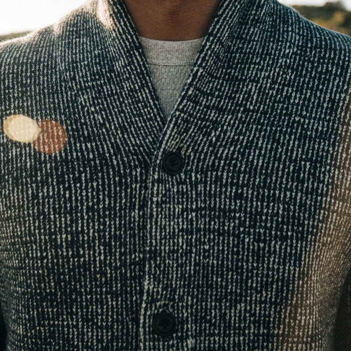 fit model wearing The Crawford Sweater, chest