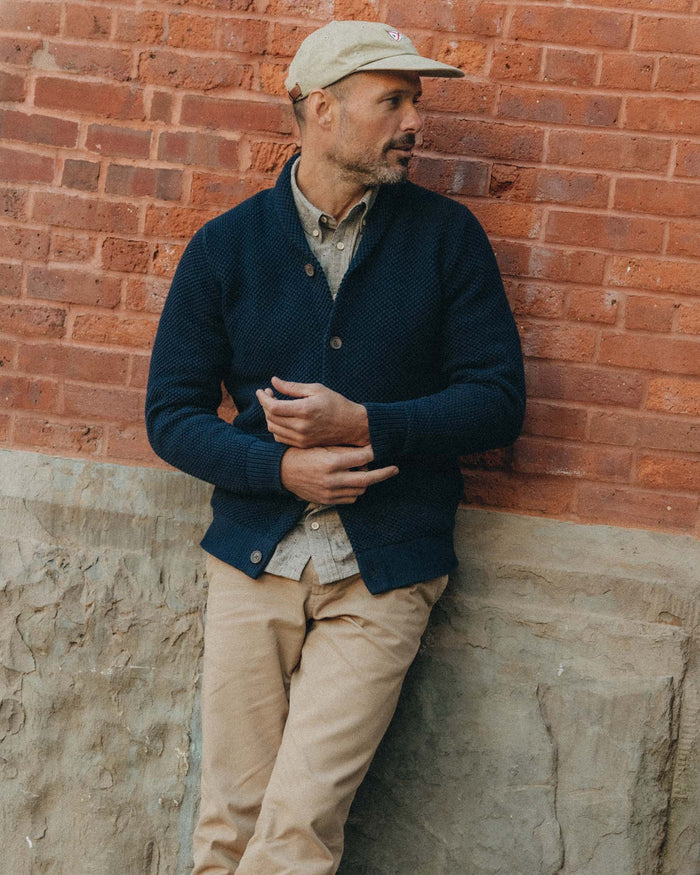 fit model rocking the The Crawford Sweater in Navy