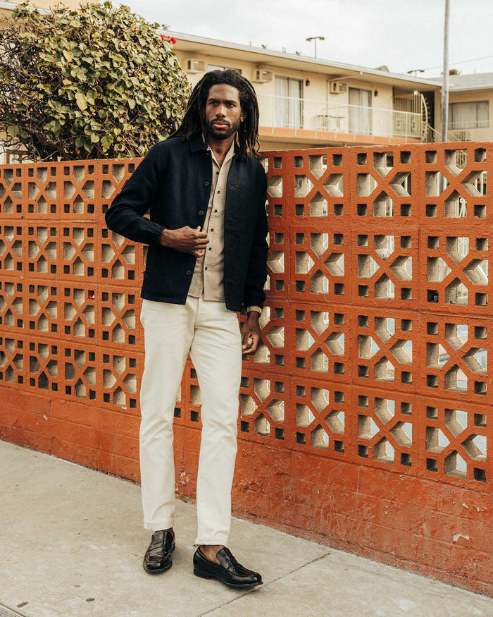 fit model showing off the collar on The Crew Jacket in Raw Indigo Sashiko