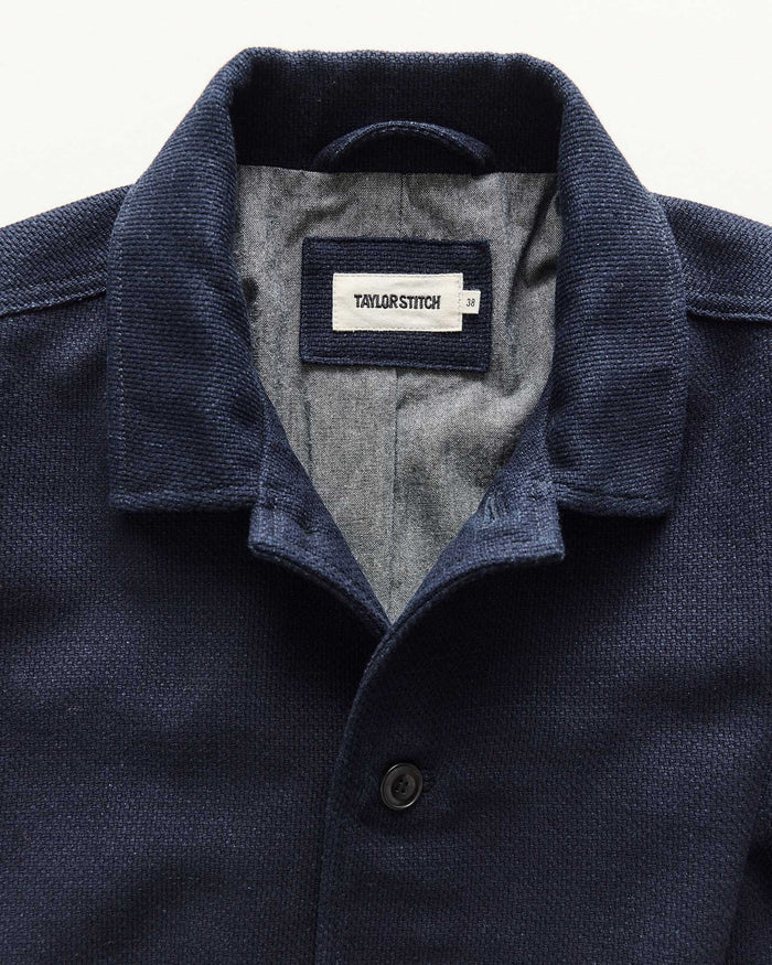 material shot of the collar on The Crew Jacket in Raw Indigo Sashiko