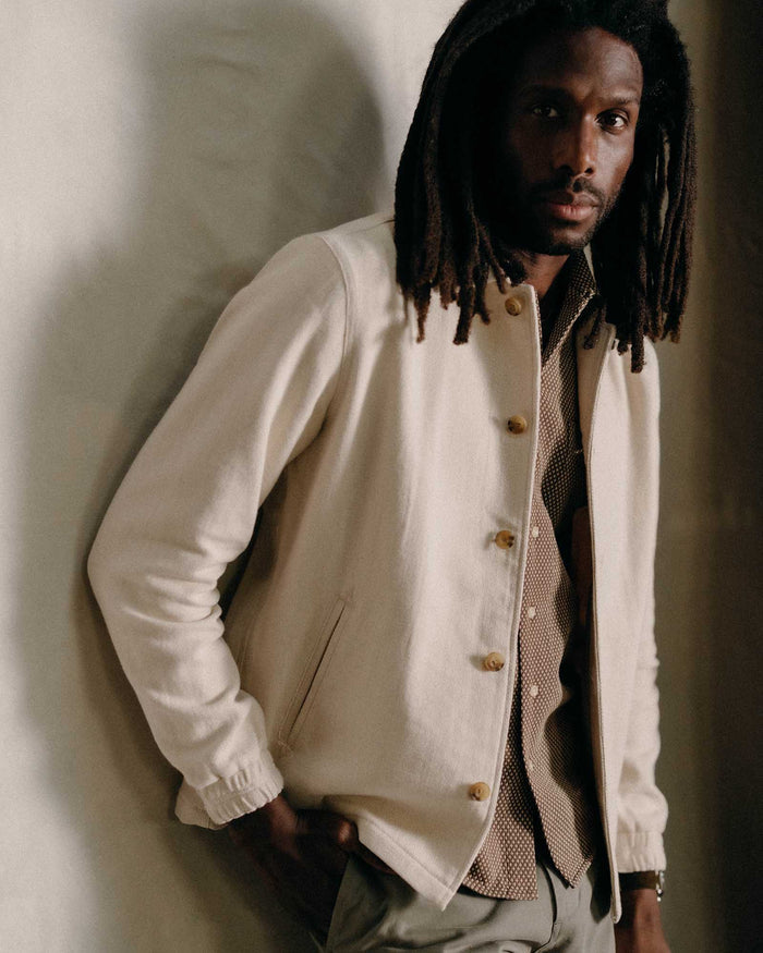 fit model posing in The Crew Jacket in Seeded Natural Sashiko