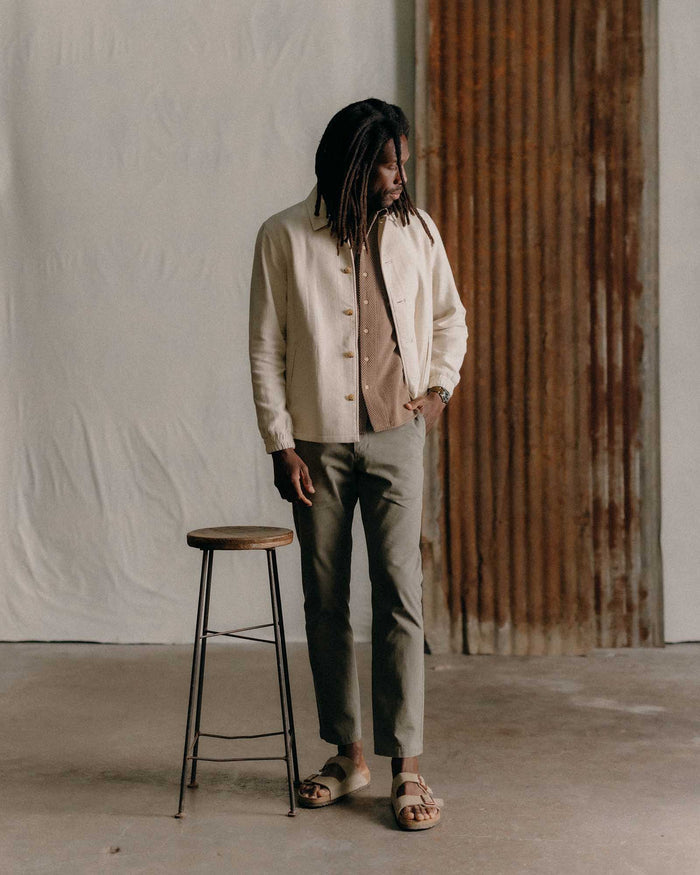 fit model posing in The Crew Jacket in Seeded Natural Sashiko