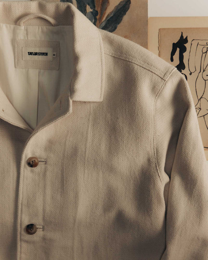 editorial flatlay of The Crew Jacket in Seeded Natural Sashiko