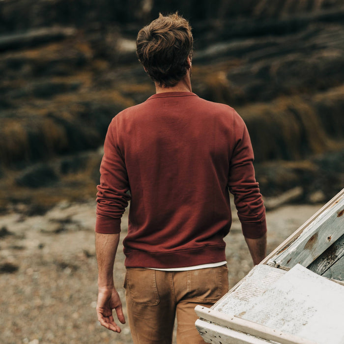 fit model wearing The Crewneck in Brick Red Terry, back shot