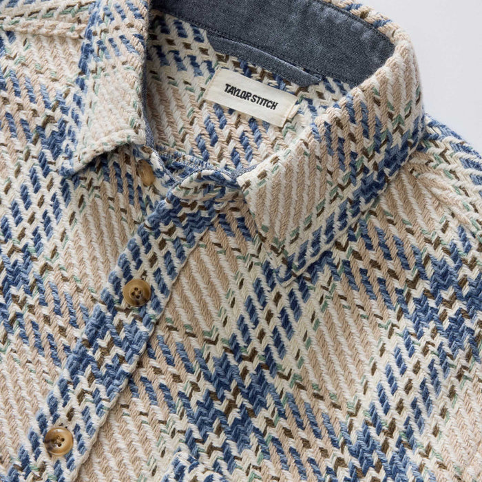 material shot of the collar on The Cutter Overshirt in Sandbar Plaid