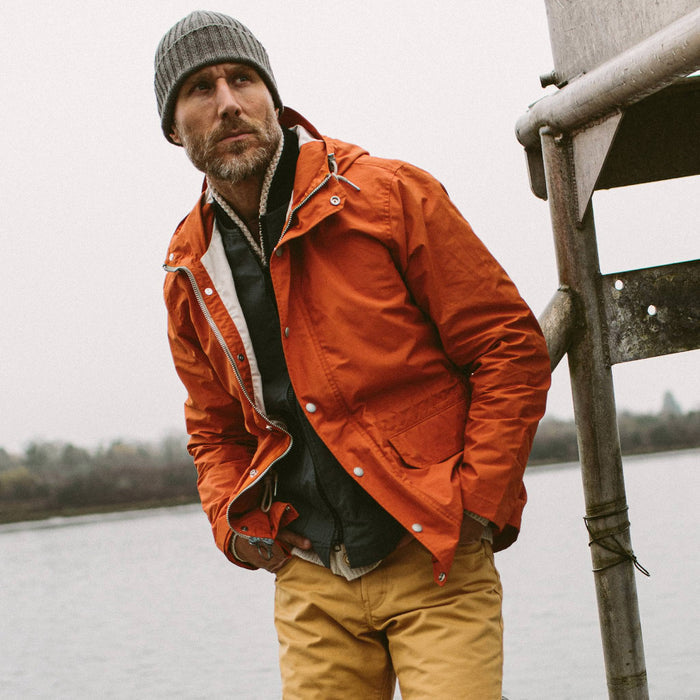 fit model wearing a beanie and The Dalton Jacket in Rust