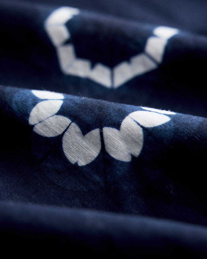 material shot of the details on The Davis Shirt in Dark Navy Geo
