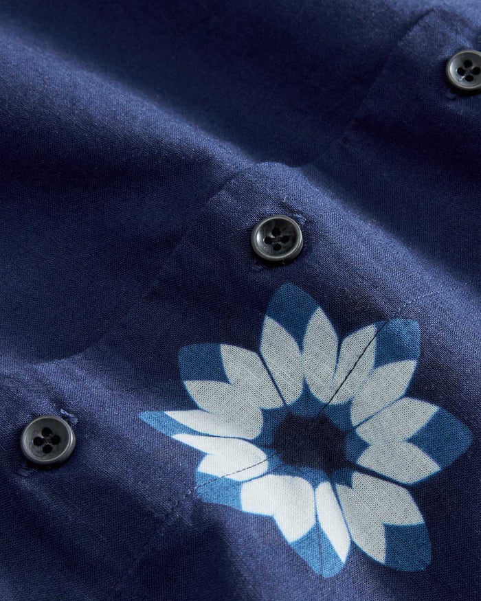 material shot of the buttons on The Davis Shirt in Dark Navy Geo