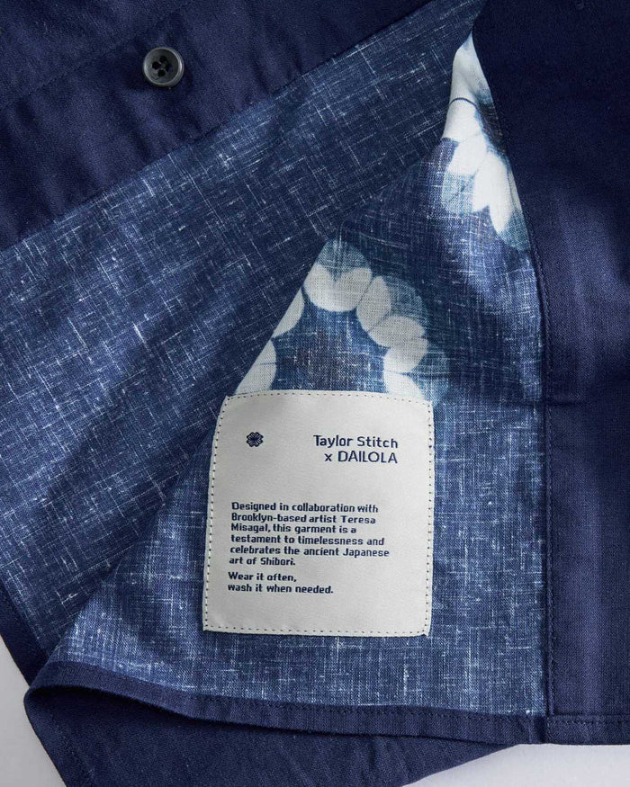 material shot of the tag on The Davis Shirt in Dark Navy Geo