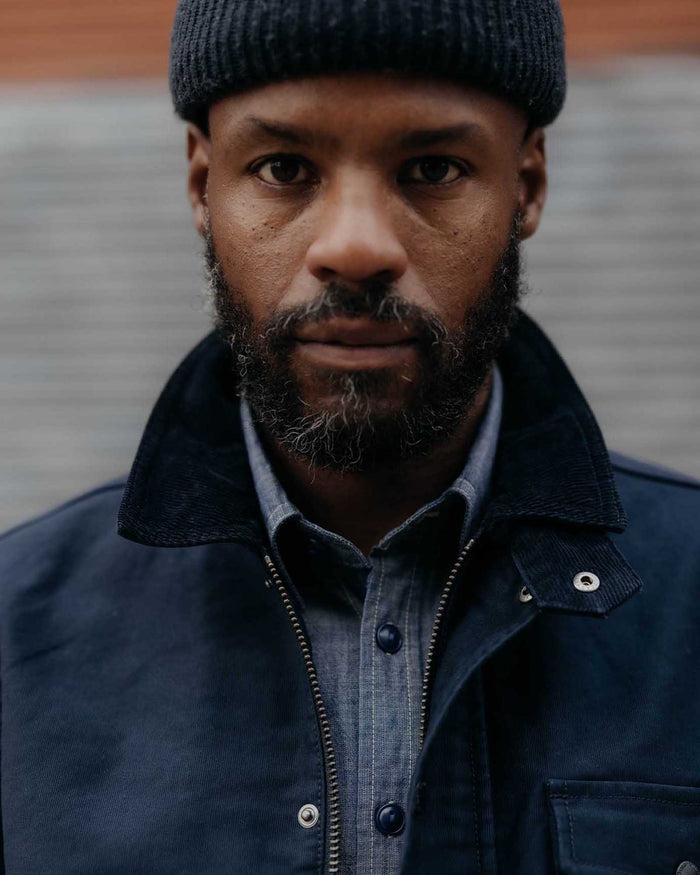 fit model showing off the collar on The Deck Jacket in Dark Navy Bedford Cord
