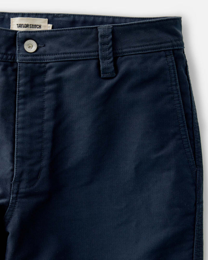 material shot of the waistband on The Deck Pant in Dark Navy Bedford Cord