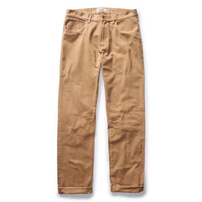 flatlay of The Democratic All Day Pant in Tobacco Selvage Denim