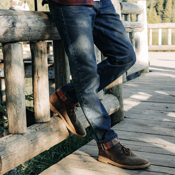 fit model posing in The Democratic Brushed Back Jean in Sawyer Wash Organic Selvage