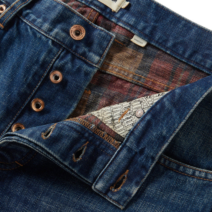 material shot of the button fly on The Democratic Brushed Back Jean in Sawyer Wash Organic Selvage