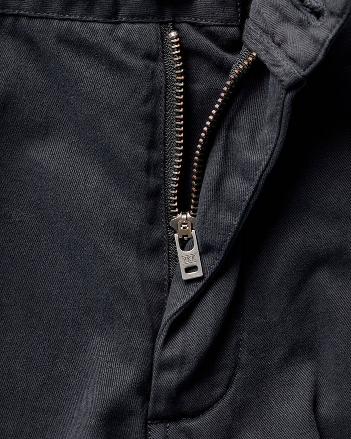 material shot of the zip fly on The Democratic Foundation Pant in Organic Navy
