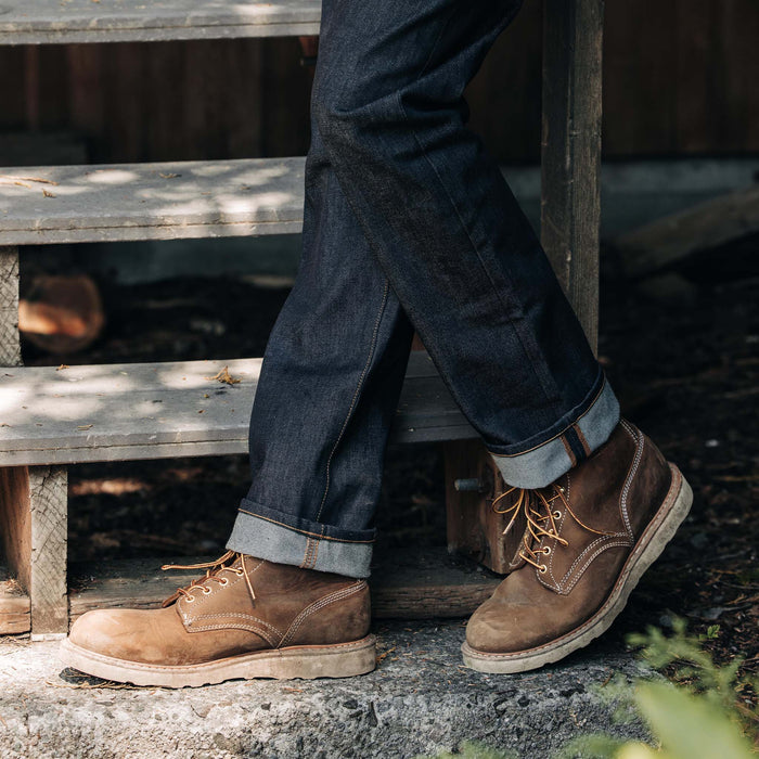 fit model showing the selvage detail on The Democratic Jean in Cone Mills Cordura Denim