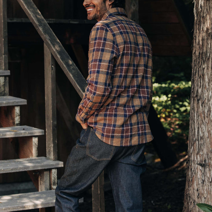 fit model walking up the stairs in The Democratic Jean in Cone Mills Cordura Denim