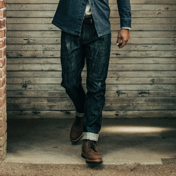 our fit model wearing The Democratic Jean in Green Cast Selvage