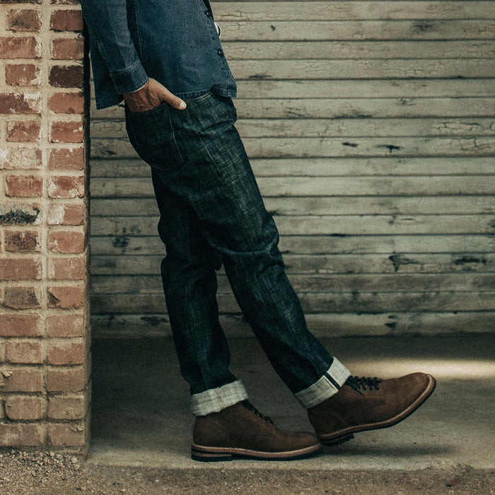 our fit model wearing The Democratic Jean in Green Cast Selvage