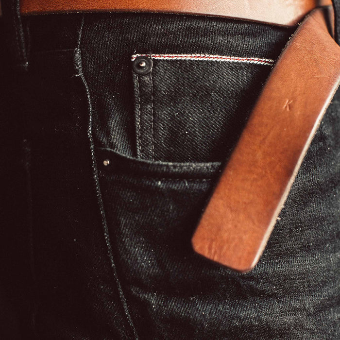 Our fit model wearing The Democratic Jean in Kuroki Mills Black Selvage.